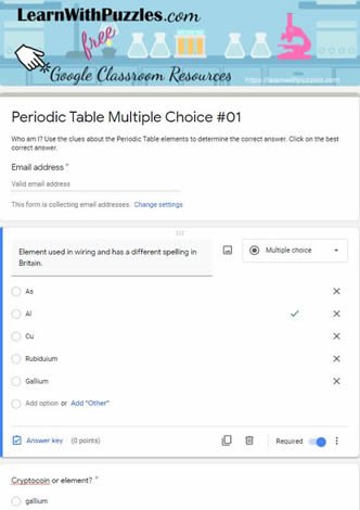 Periodic Table Multiple Choice and Google Quiz #01