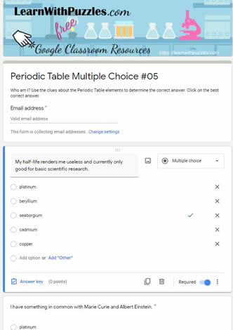 Periodic Table Multiple Choice and Google Quiz #05