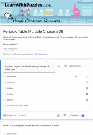Periodic Table Multiple Choice and Google Quiz #08