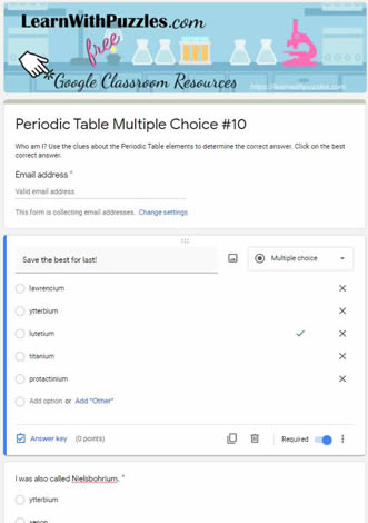 Periodic Table Multiple Choice and Google Quiz #10