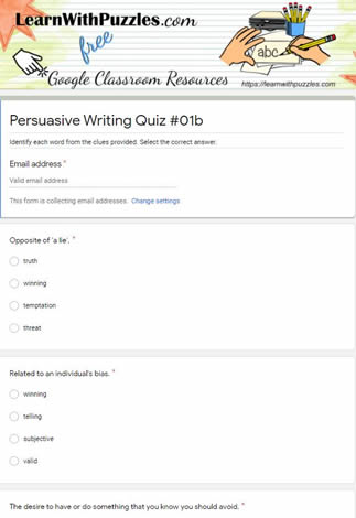Persuasive Writing Crossword and Google Quiz #01b