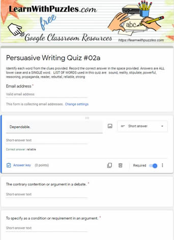 Persuasive Writing Crossword and Google Quiz #02a
