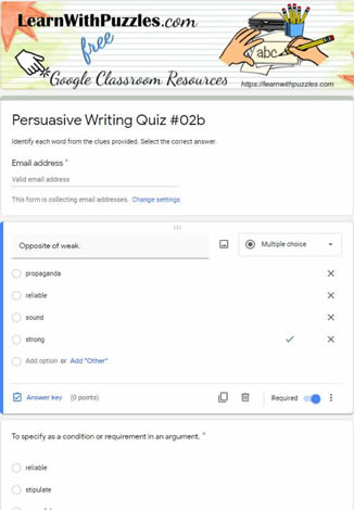 Persuasive Writing Crossword and Google Quiz #02b