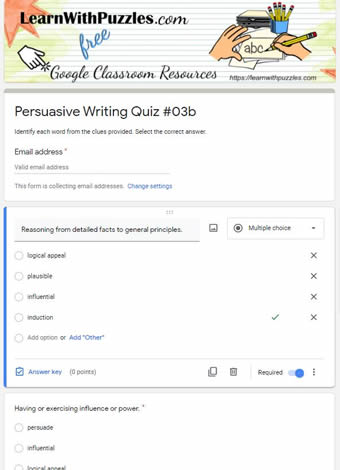 Persuasive Writing Crossword and Google Quiz #03b