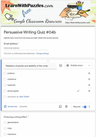 Persuasive Writing Crossword and Google Quiz #04b