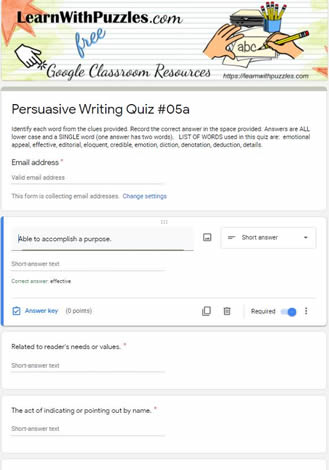 Persuasive Writing Crossword and Google Quiz #05a