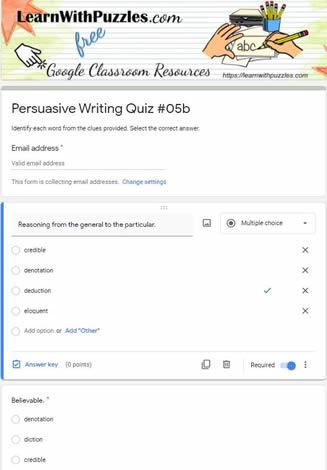 Persuasive Writing Crossword and Google Quiz #05b