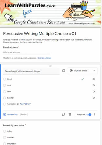 Persuasive Writing Multiple Choice Google Quiz#01