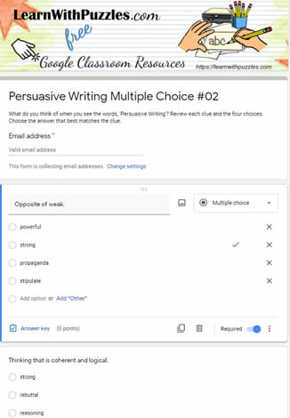 Persuasive Writing Multiple Choice Google Quiz#02