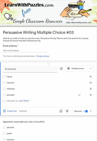 Persuasive Writing Multiple Choice Google Quiz#03