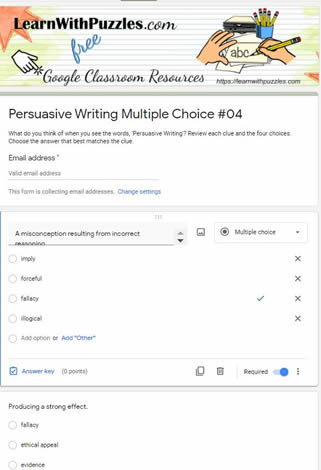 Persuasive Writing Multiple Choice Google Quiz#04