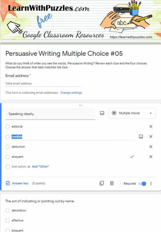 Persuasive Writing Multiple Choice Google Quiz#05