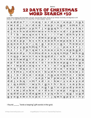 12 Days Christmas Word Search #10