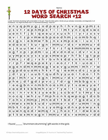 12 Days Xmas Word Search-12