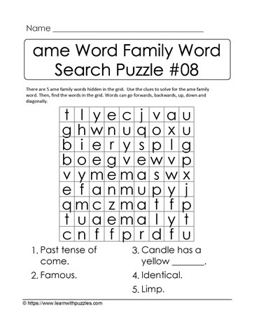 ame Word Family Activity