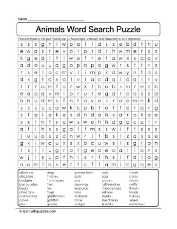 Word Search Animal Puzzle Learn With Puzzles