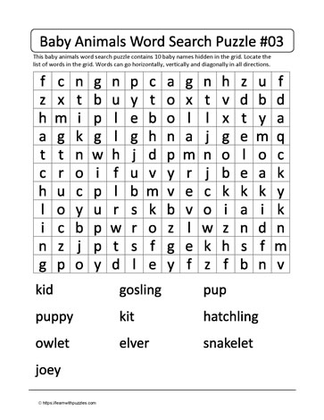 Baby Animals Word Search 3