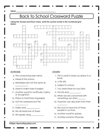 Back To School Crossword #08