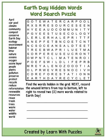 Earth Day Hidden Message Wordsearch
