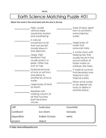 Match the Earth Science Words