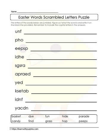 Scrambled Letters Easter List Words
