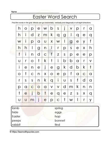 List of Easter Words Wordsearch