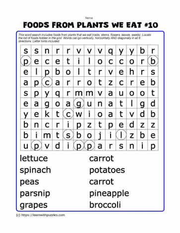 Foods From Plants Word Search#10