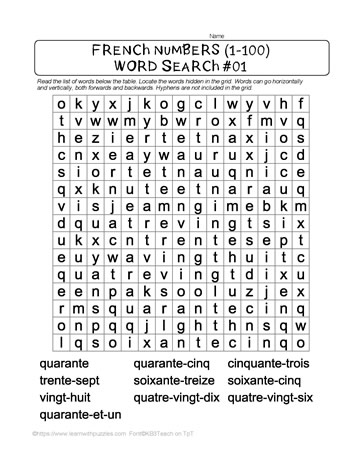 French Numbers Word Search #01