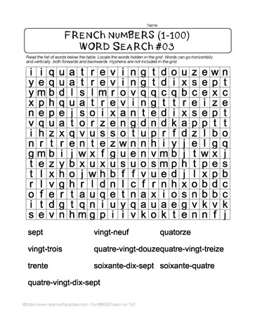 French Numbers Word Search #03