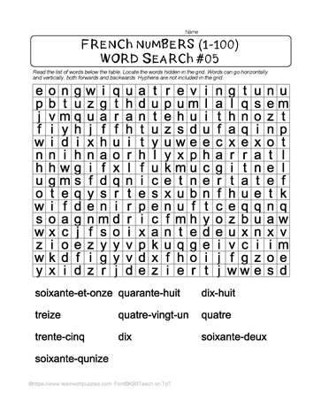 French Numbers Word Search #05