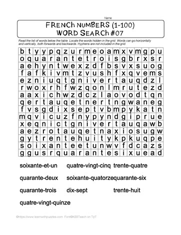 French Numbers Word Search #07