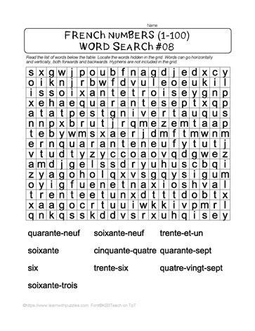 French Numbers Word Search #08