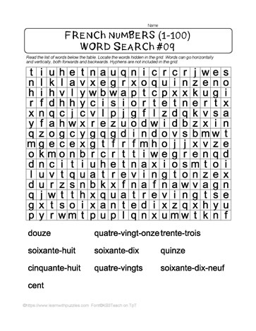 French Numbers Word Search #09