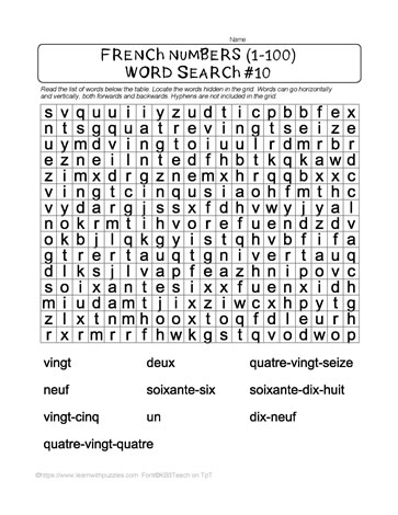 French Numbers Word Search #10