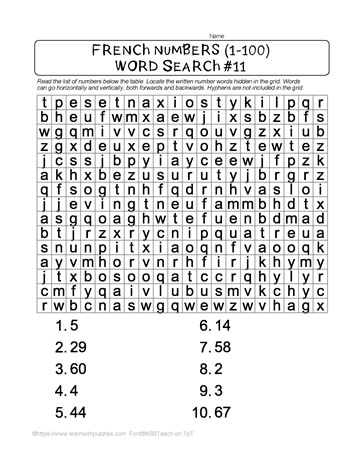 French Numbers Word Search #11