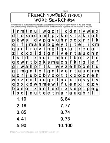 French Numbers Word Search #14