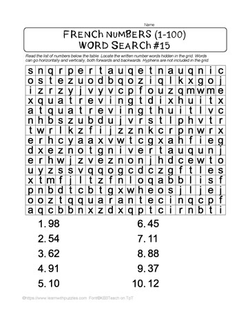 French Numbers Word Search #15