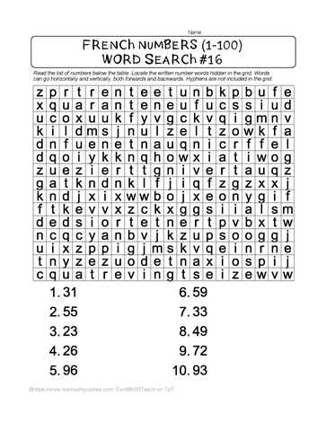 French Numbers Word Search #16