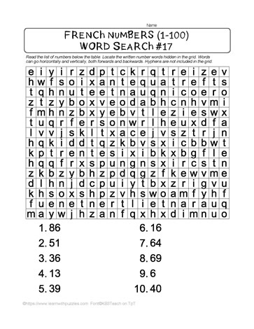French Numbers Word Search #17