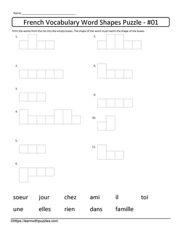 French Vocabulary Word Shapes #01