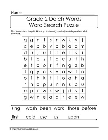 2nd Grade Dolch Word Search #01