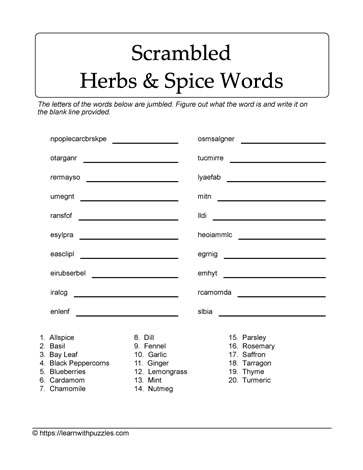 Scrambled Herbs & Spices Puzzle