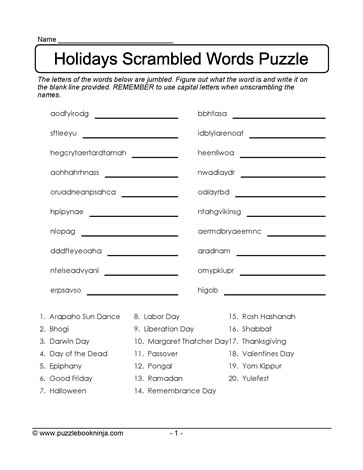 Scrambled Holidays Puzzle