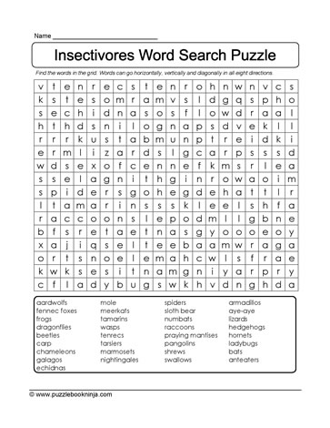 Insectivores WordSearch Puzzle