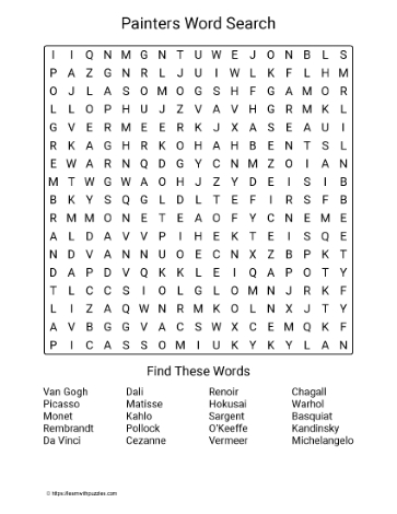 Large Print Painters Word Search Large Print Painters Word Search