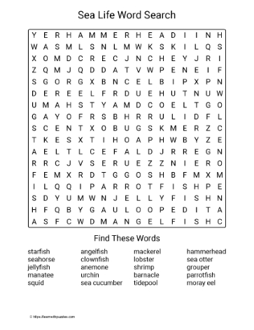 Large Print Sea Life Word Search