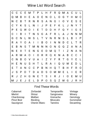 Large Print Wine Word Search Large Print Wine Word Search