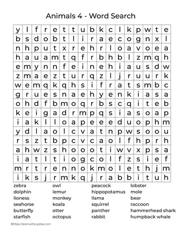 Large Print Word Search Animals 4