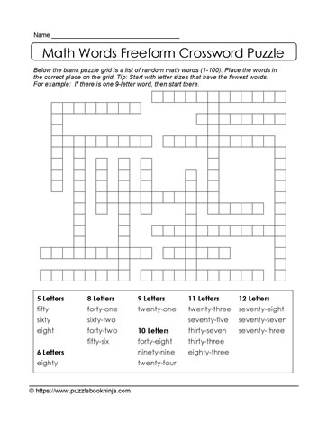 Crossword Puzzle Math Vocabulary