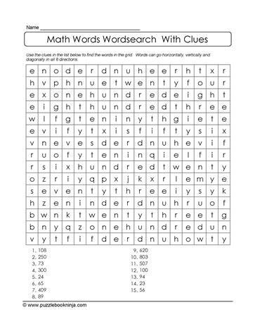 Math Wordsearch With Clues Puzzle